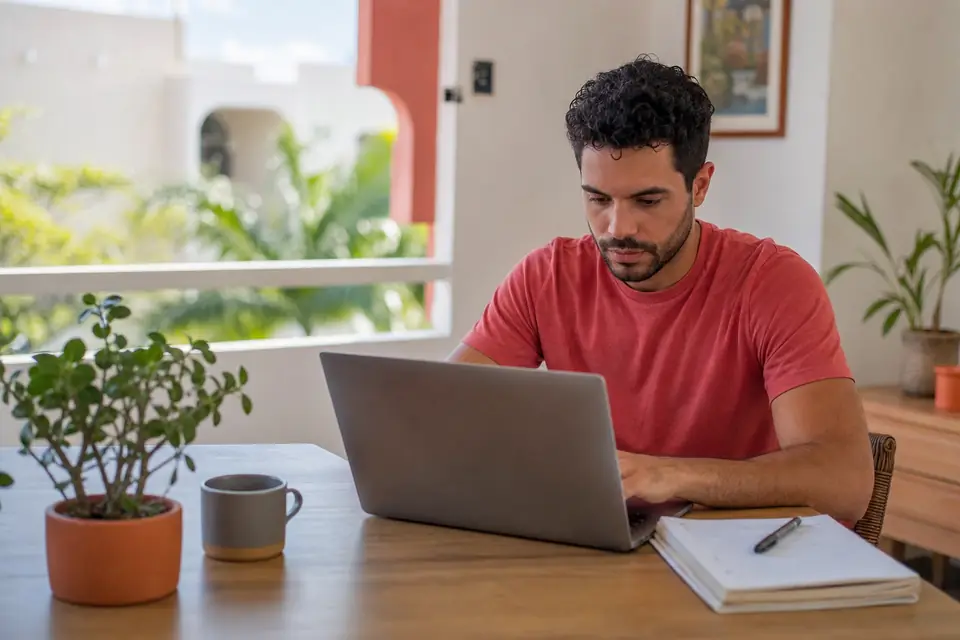 Joven profesional trabaja en su computadora en una oficina en casa