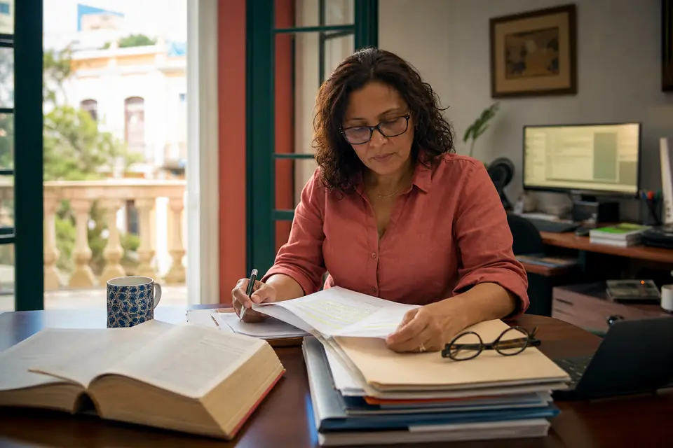 Escritorio de oficina con libretas contributivas subrayadas, diccionario abierto y espejuelos.