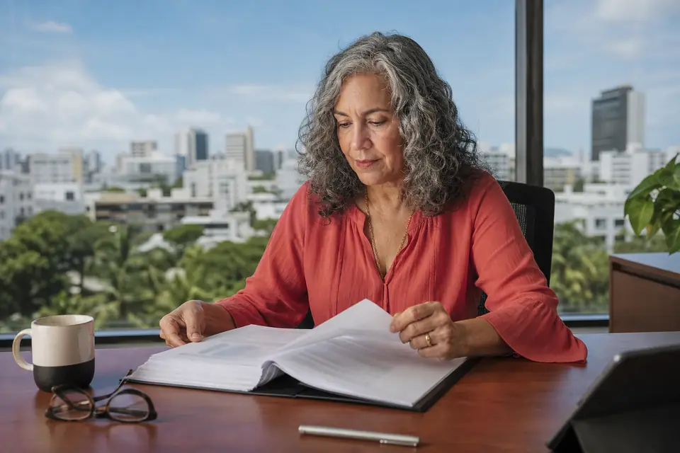 Mujer revisa documentos legales en una oficina con vista a Hato Rey