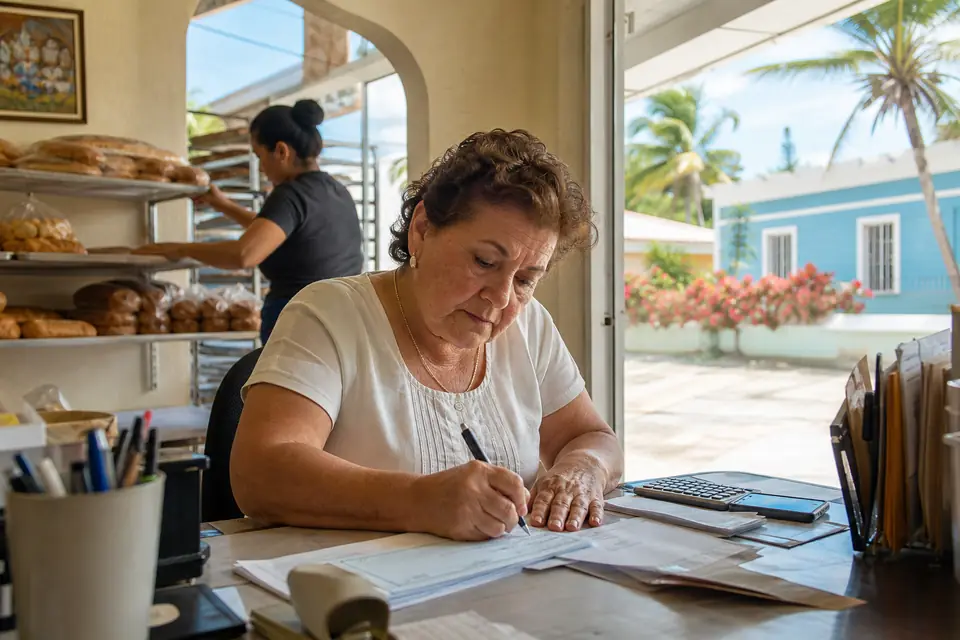 Dueña de una panadería en Aguadilla preparando la nómina de sus empleados.