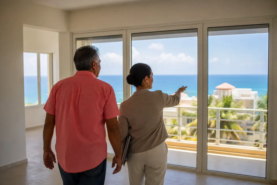 Hombre recorre un apartamento vacío con vista al mar junto a una agente de bienes raíces