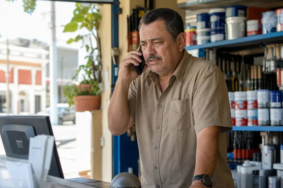 Dueño de una ferretería hablando por teléfono con expresión preocupada detrás del mostrador.