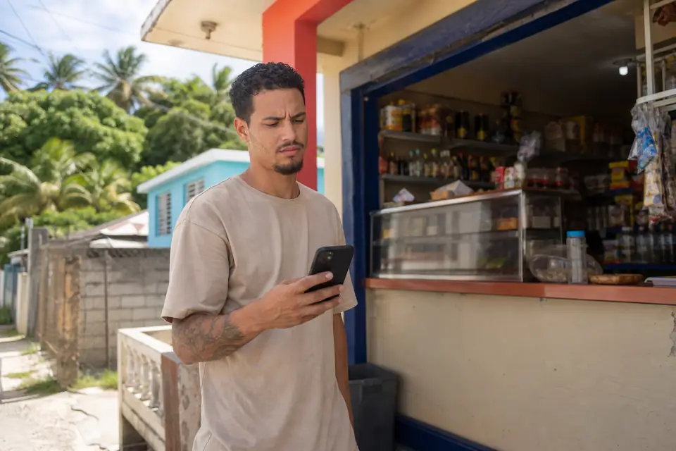 Joven en un colmado mirando con desconfianza un mensaje en su teléfono celular.